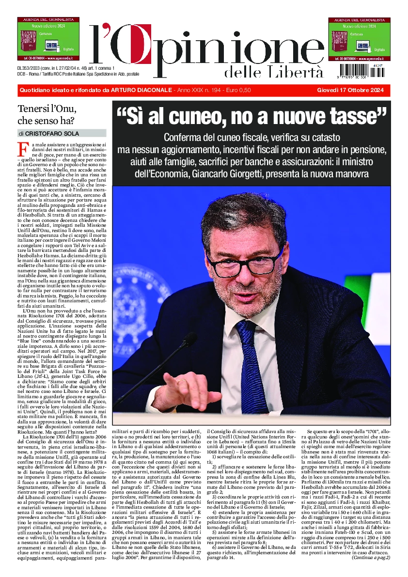 Prima-pagina-opinione della liberta-edizione-di-oggi-2024-10-17